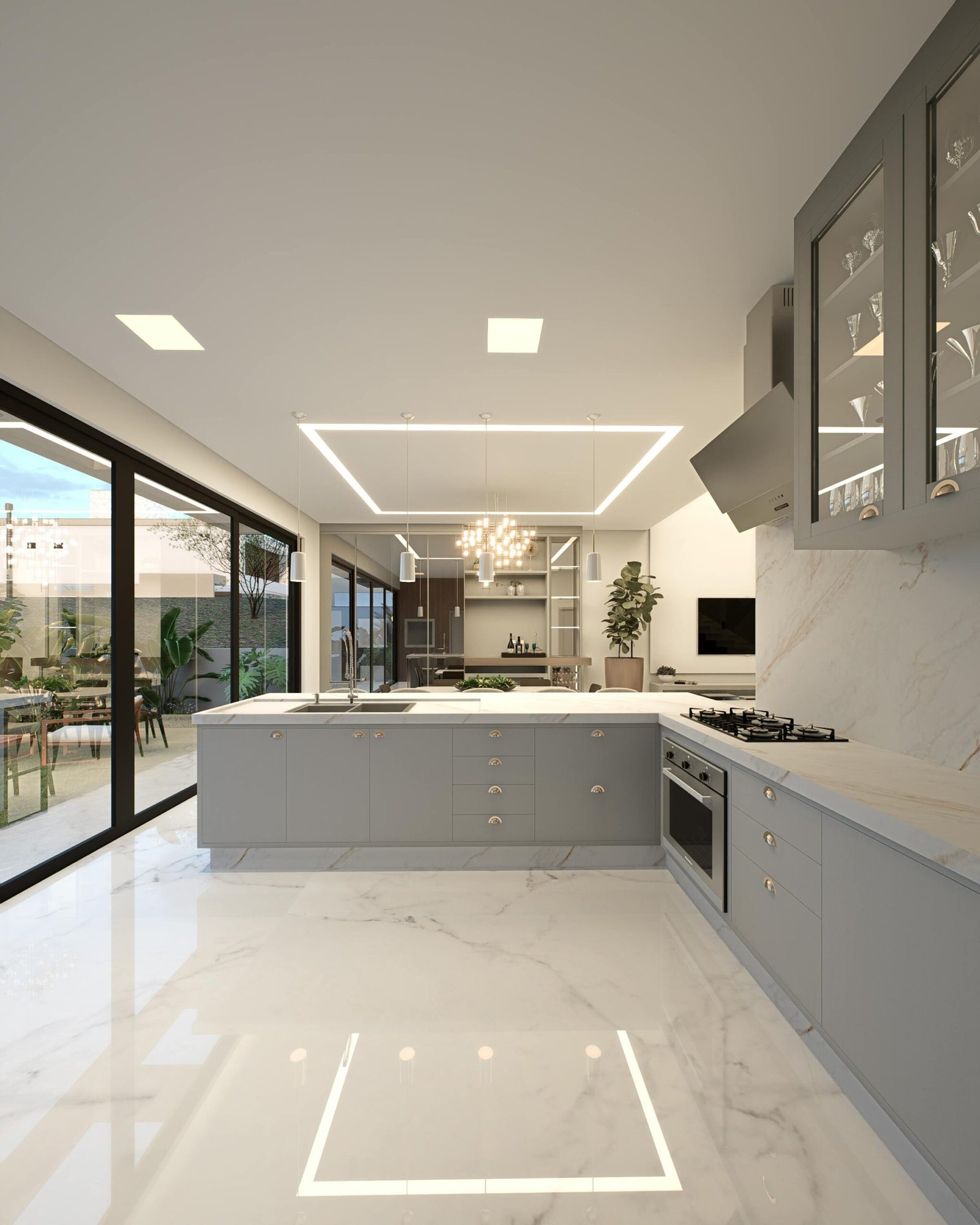 Spacious modern kitchen interior featuring marble countertops and sleek design in Brazil.